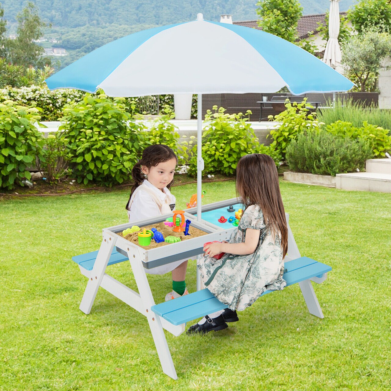 Outdoor 3-in-1 Kids Play Table with Water Sand, Umbrella, and Storage Boxes
